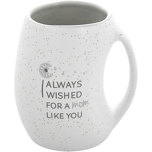 A 16 oz stoneware mug with a gray dandelion design and the sentiment "I Always Wished for a Mom Like You" printed on the front. Features an ergonomic handle and a modern, textured design, perfect for gifting to mothers.