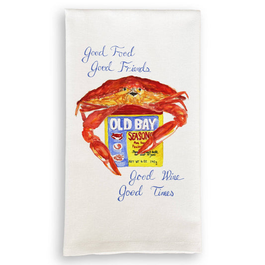 French Graffiti - Red Crab with Seasonings Dishtowel- Good Food Good Friends Good Wine Good Times