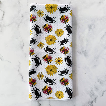 Jami Creates - Maryland Flower & Crab Patterned Waffle Kitchen Dish Towel: Without a band