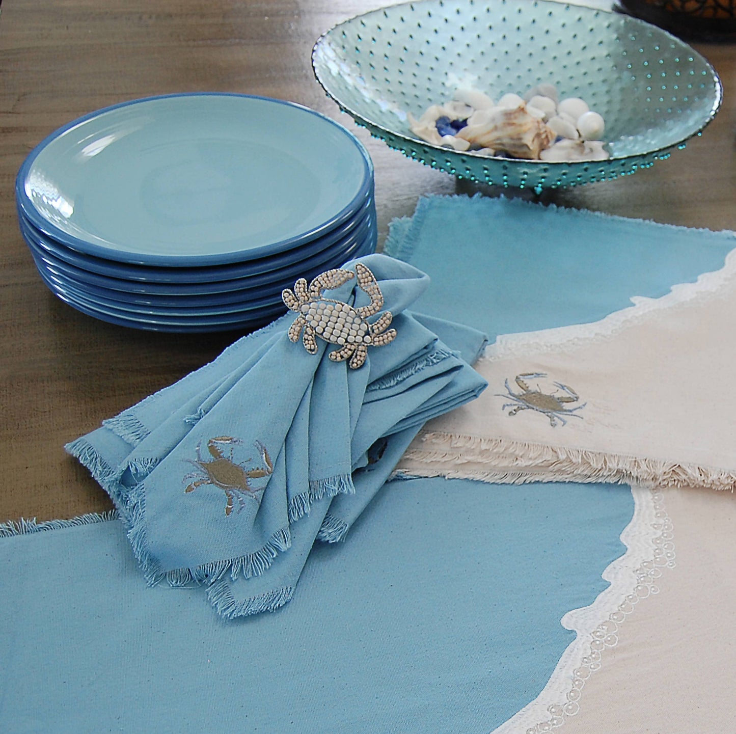 Rightside Design - Coastal Blue Crab Embroidered Napkin Set 4
