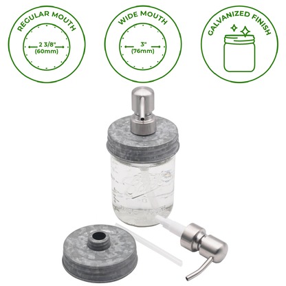 Mason Jar Lifestyle - Satin / Brushed Finish Soap Pump Dispensers for Mason Jars: Threaded galvanized / Wide mouth / #2