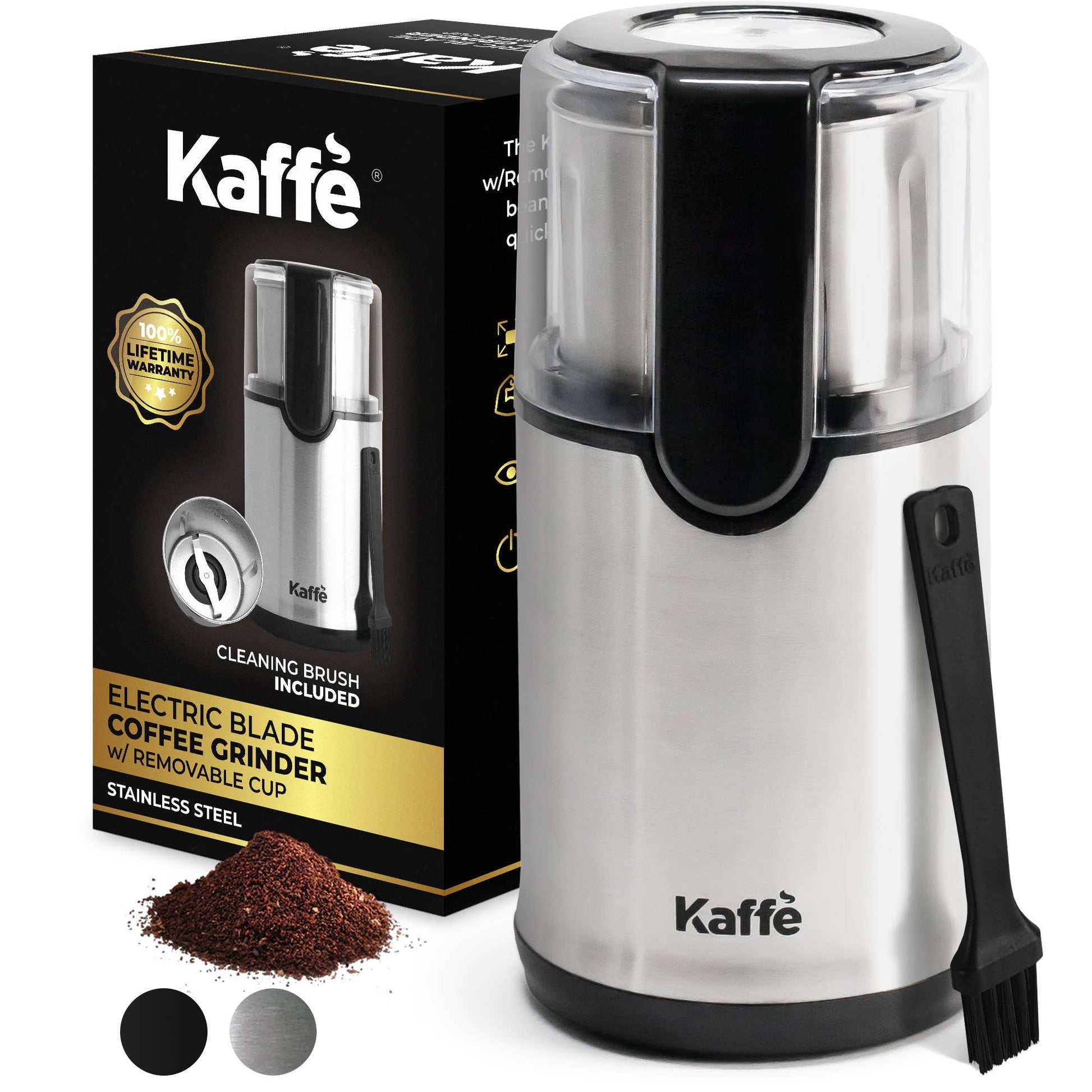 A sleek Kaffe Electric Blade Coffee Grinder with a 4.5oz removable stainless steel cup, sharp blades, and modern stainless steel finish. Perfect for grinding coffee beans, spices, and nuts at home.