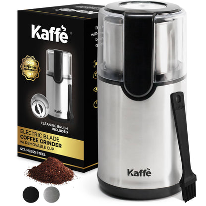 A sleek Kaffe Electric Blade Coffee Grinder with a 4.5oz removable stainless steel cup, sharp blades, and modern stainless steel finish. Perfect for grinding coffee beans, spices, and nuts at home.