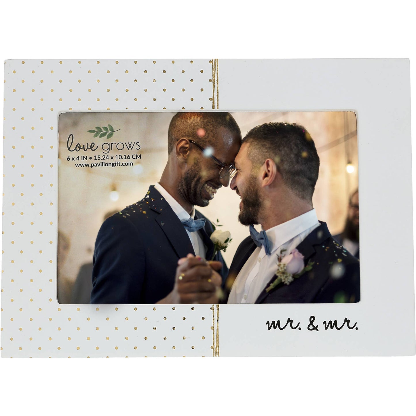 A 7.5" x 5.5" rustic whitewashed MDF photo frame with gold polka dots, metallic draped accents, and the sentiment "Mr. & Mr." Holds a 6" x 4" horizontal photo and features a sturdy easel back. Perfect for gifting to couples.