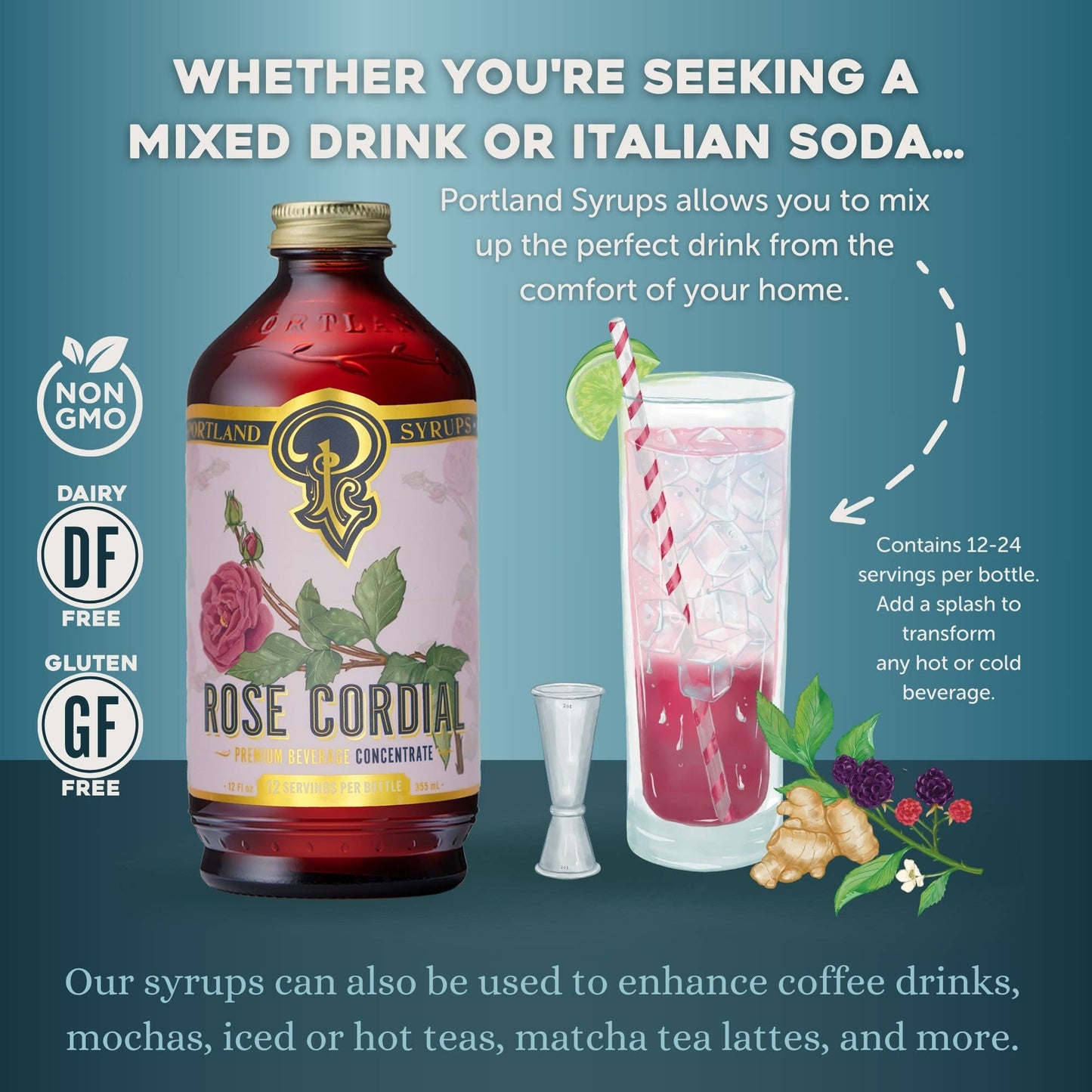 Portland Syrups | Rose Cordial Syrup 12oz - cocktail / mocktail beverage mixer