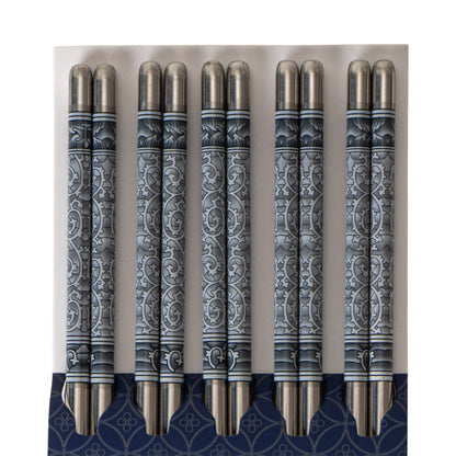 5 Piece Motif Pattern Design Chopsticks Set Stainless Steel