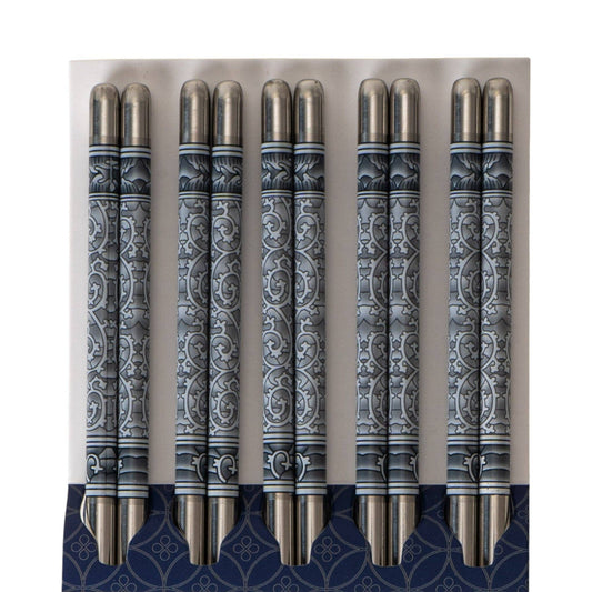 5 Piece Motif Pattern Design Chopsticks Set Stainless Steel
