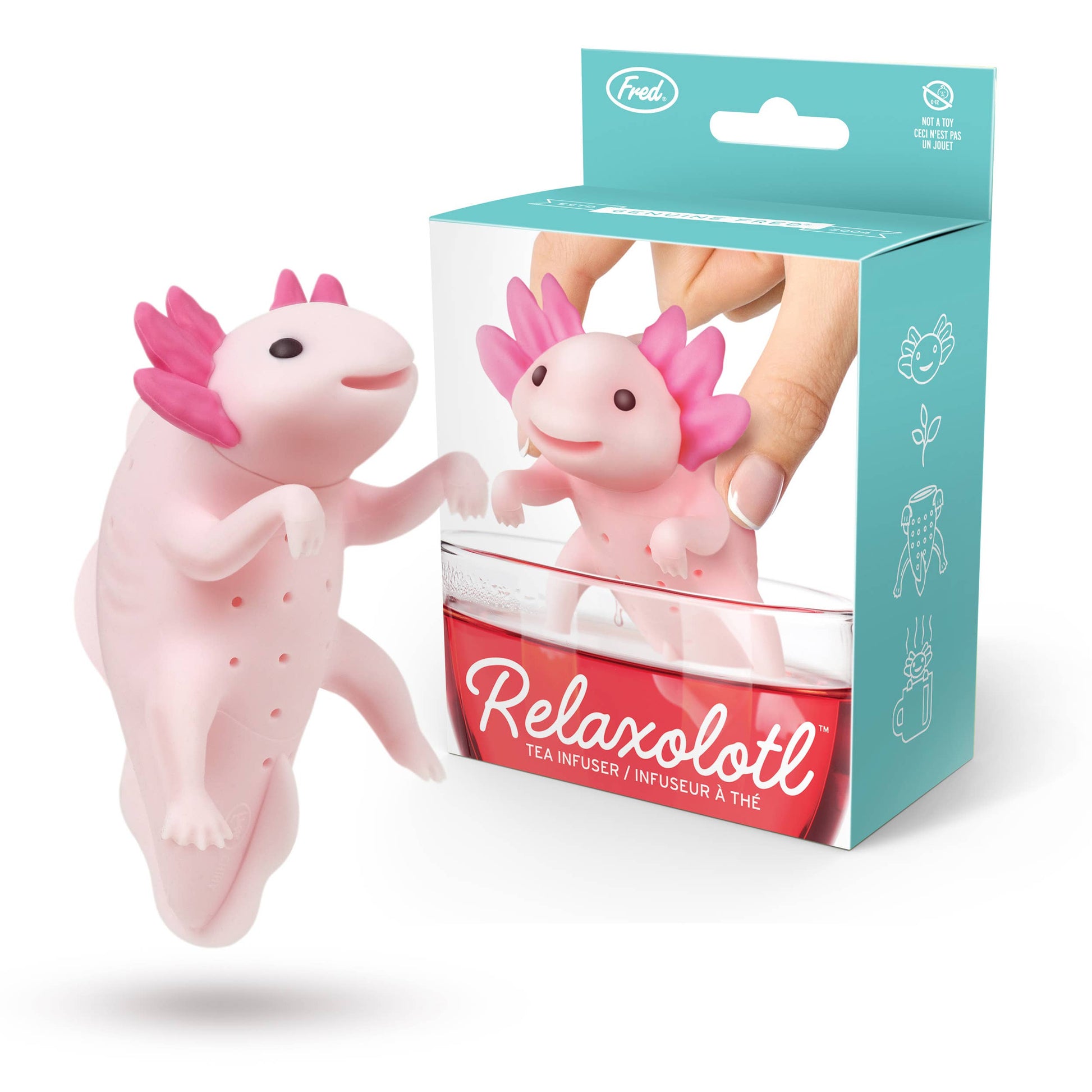 A pink axolotl-shaped tea infuser by Fred & Friends, displayed in and out of packaging.