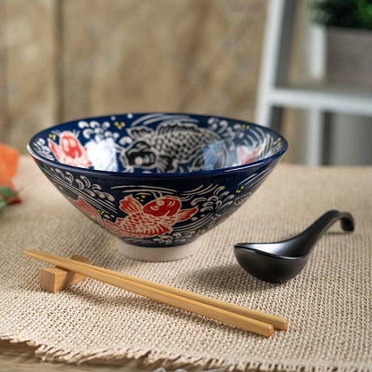 6" Bowl With Chopsticks, Spoon and Chopsticks Rest Set Koi Fish, 24oz