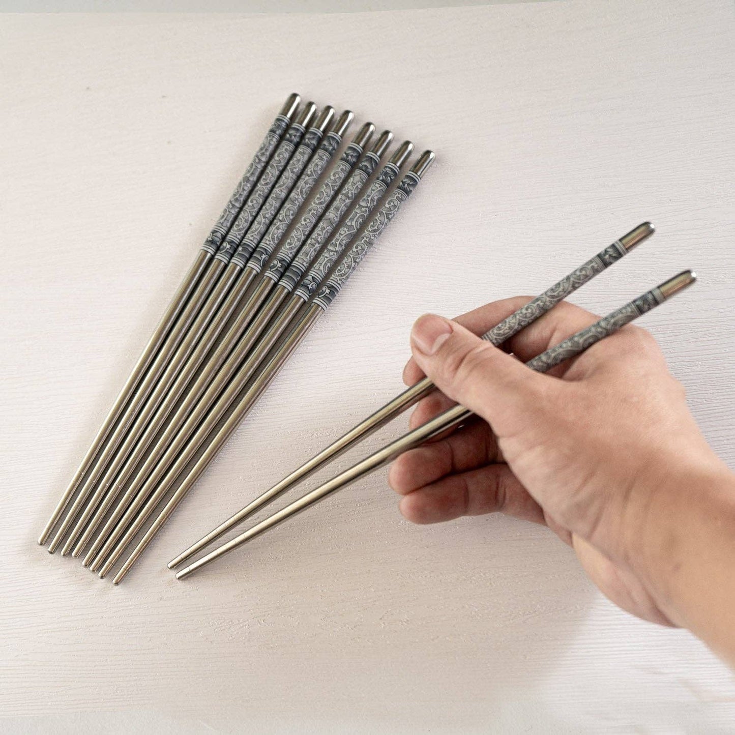 5 Piece Motif Pattern Design Chopsticks Set Stainless Steel