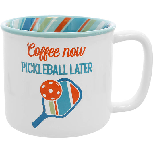 A stylish 18 oz stoneware mug with the humorous sentiment "Coffee Now, Pickleball Later" printed on the front, featuring a large ergonomic handle and a sleek modern design. Perfect for coffee lovers and pickleball enthusiasts.