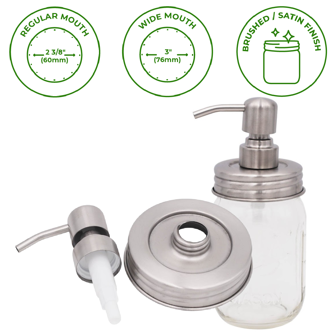 Mason Jar Lifestyle - Satin / Brushed Finish Soap Pump Dispensers for Mason Jars: Threaded galvanized / Wide mouth / #2