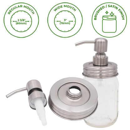 Mason Jar Lifestyle - Satin / Brushed Finish Soap Pump Dispensers for Mason Jars: Threaded galvanized / Wide mouth / #2