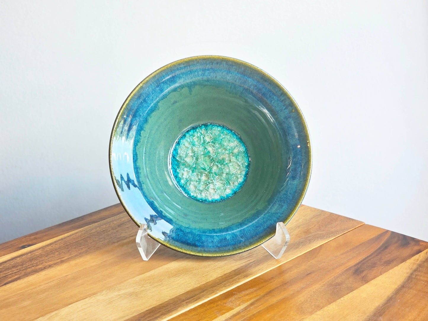 10" Ceramic Flared Rim Bowl With Fused Glass: Rain Garden
