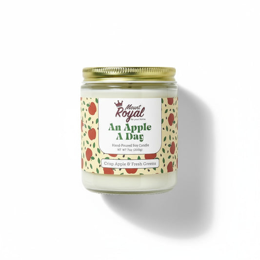 An Apple A Day Candle by Mount Royal Soap Co., hand-poured soy candle with fresh apple fragrance.