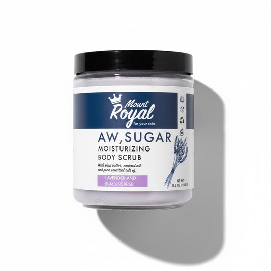 Aw, Sugar – Lavender and Black Pepper Sugar Scrub by Mount Royal Soap Co., handcrafted exfoliating body scrub in jar.
