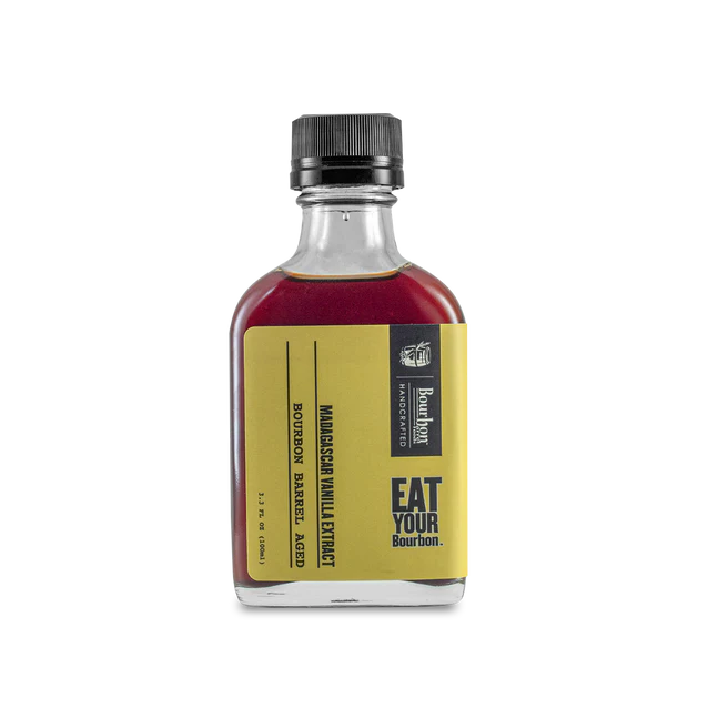 Bottle of bourbon barrel aged Madagascar vanilla extract – 2oz small-batch with deep, rich flavor and oaky bourbon notes.