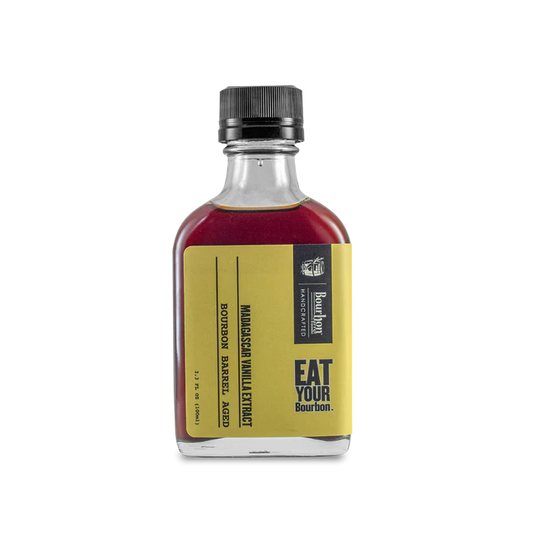 Bottle of bourbon barrel aged Madagascar vanilla extract – 2oz small-batch with deep, rich flavor and oaky bourbon notes.