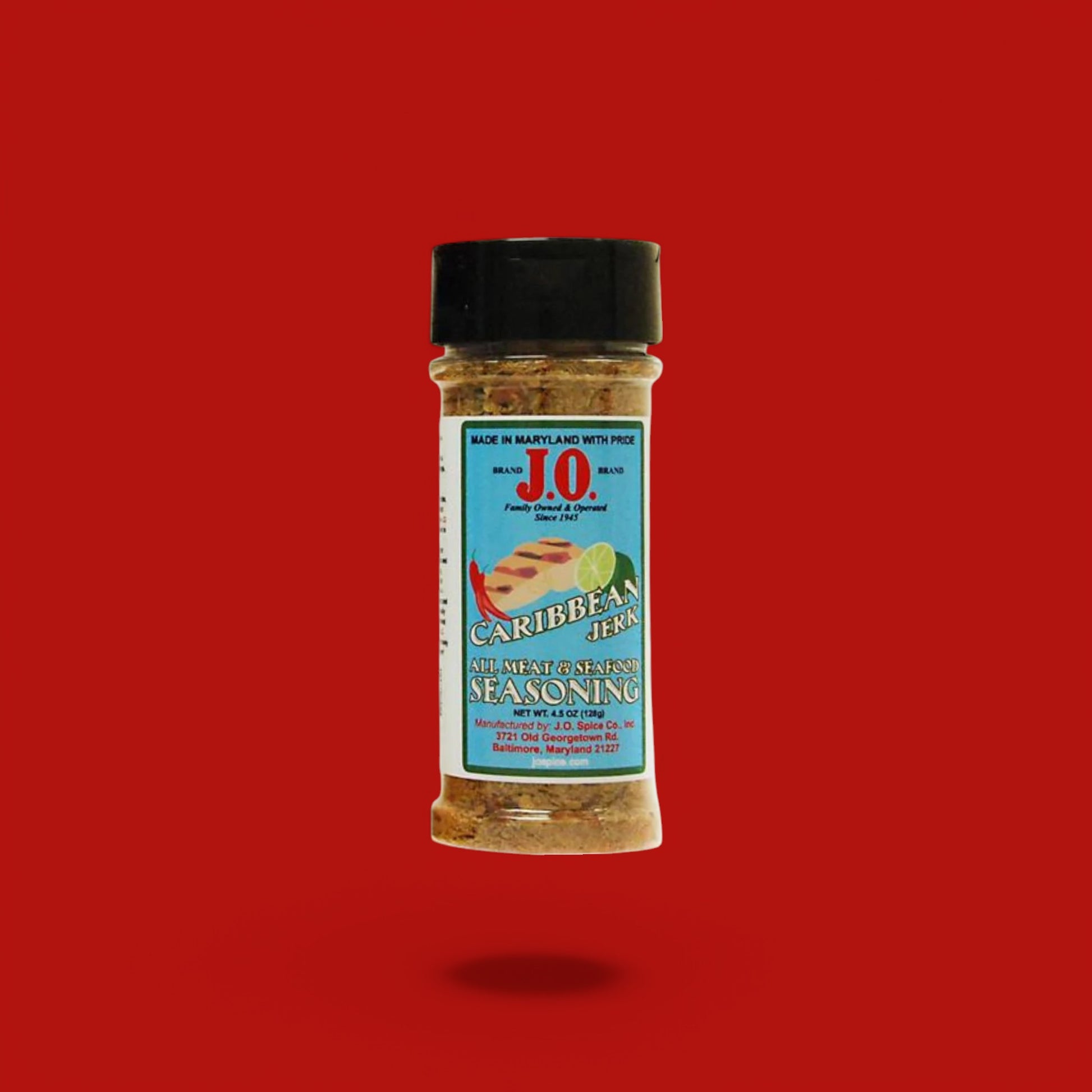 J.O. Seasoning Caribbean Jerk Seasoning jar with bold Caribbean-inspired spices, rustic background

