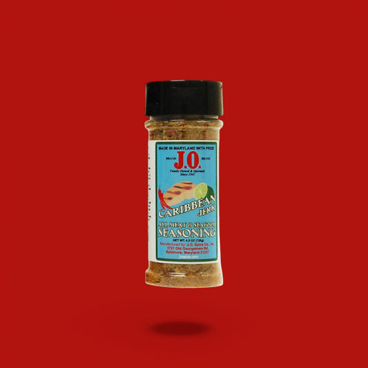J.O. Seasoning Caribbean Jerk Seasoning jar with bold Caribbean-inspired spices, rustic background


