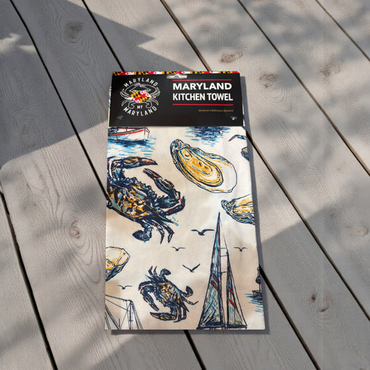 Maryland Kitchen Towel MD Crab, boat, oyster