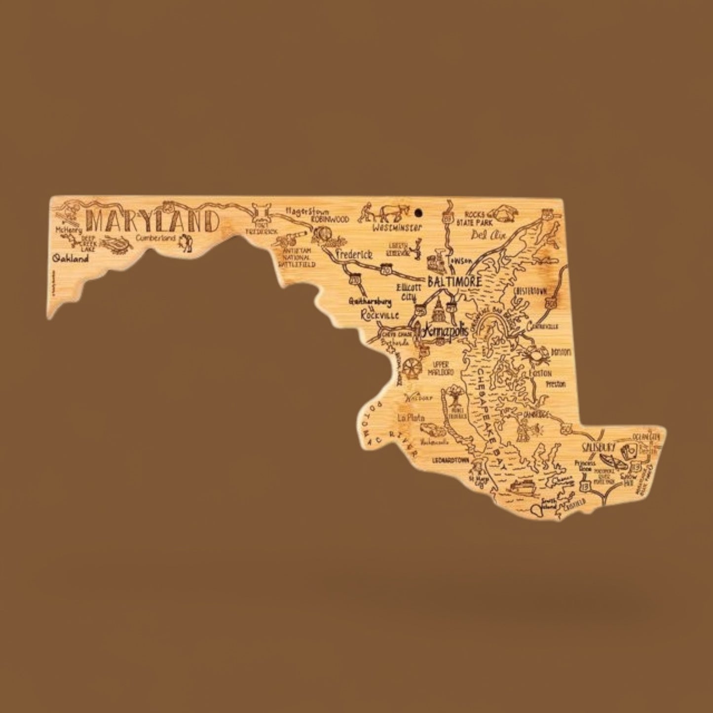 Destination Maryland Cutting & Serving Board – Totally Bamboo State Shaped Board with Engraved Landmarks