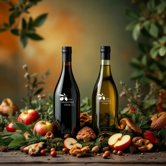 “Woodland Fall Pairing — Mushroom & Sage EVOO and Red Apple Balsamic with autumn mushrooms and apples”