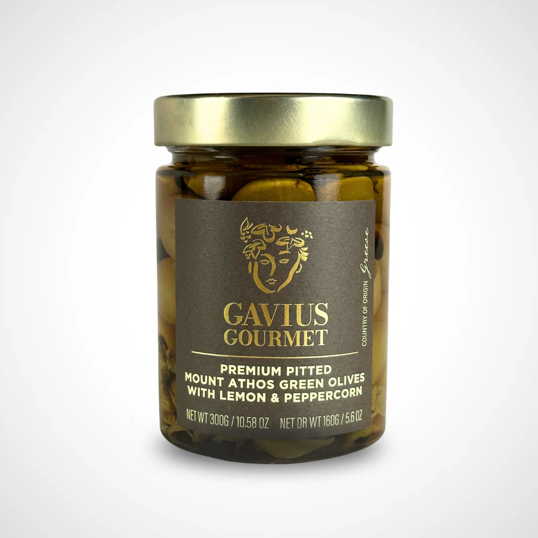 Gavius Gourmet Premium Pitted Mount Athos Green Olives with Lemon & Peppercorn
