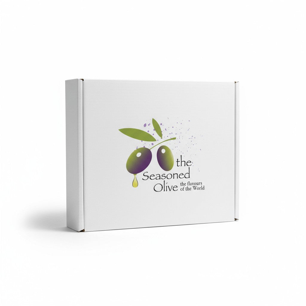 White box with 'The Seasoned Olive' logo on a white background