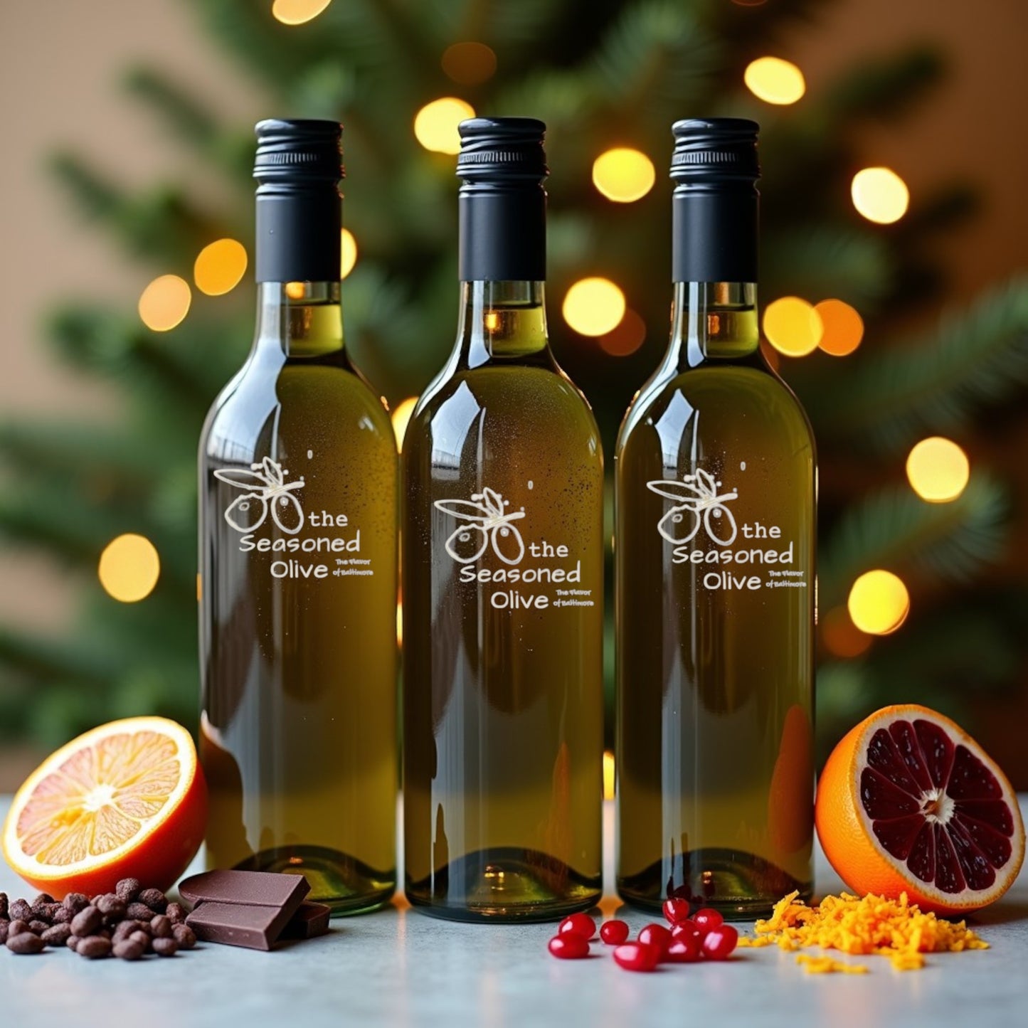 Holiday Harmony Trio Gift Set: Dark Chocolate Balsamic, Pomegranate Balsamic, & Blood Orange Olive Oil