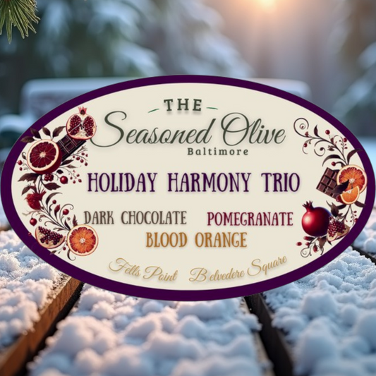 Holiday Harmony Trio Gift Set: Dark Chocolate Balsamic, Pomegranate Balsamic, & Blood Orange Olive Oil