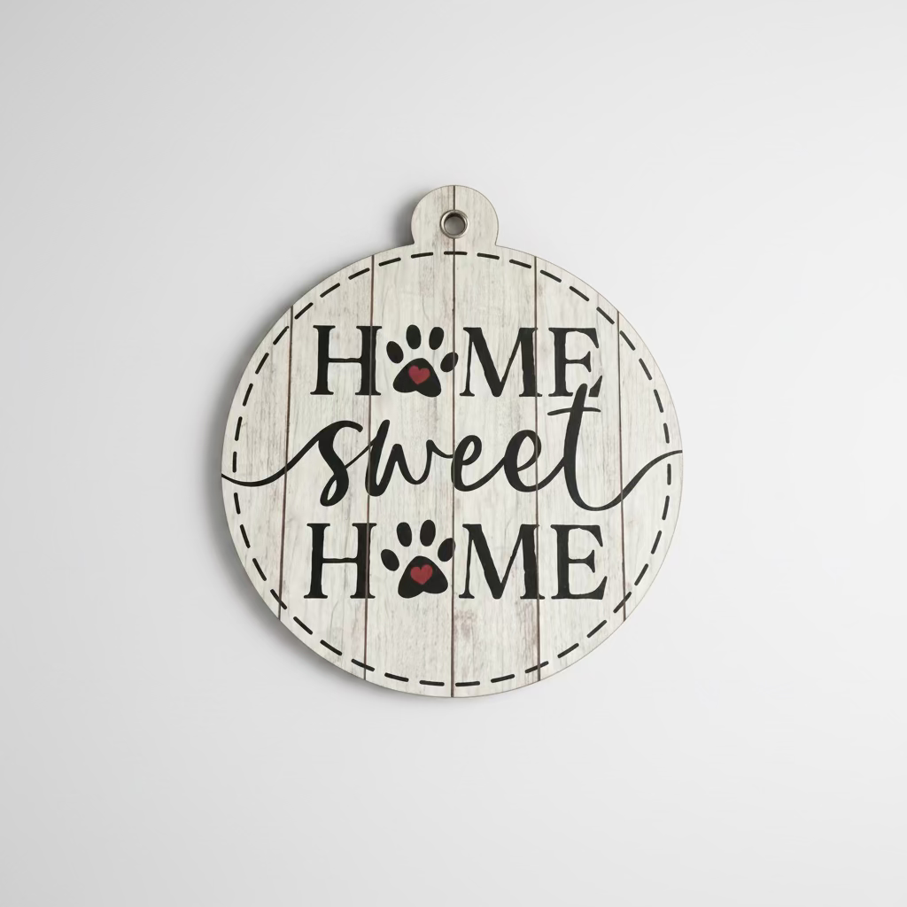 Decorative wall signs with 'Home Sweet Home' and paw prints on a wooden surface.