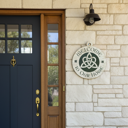 Blue front door with a wooden side panel on a stone wall, featuring a 'Welcome to Our Home' sign.