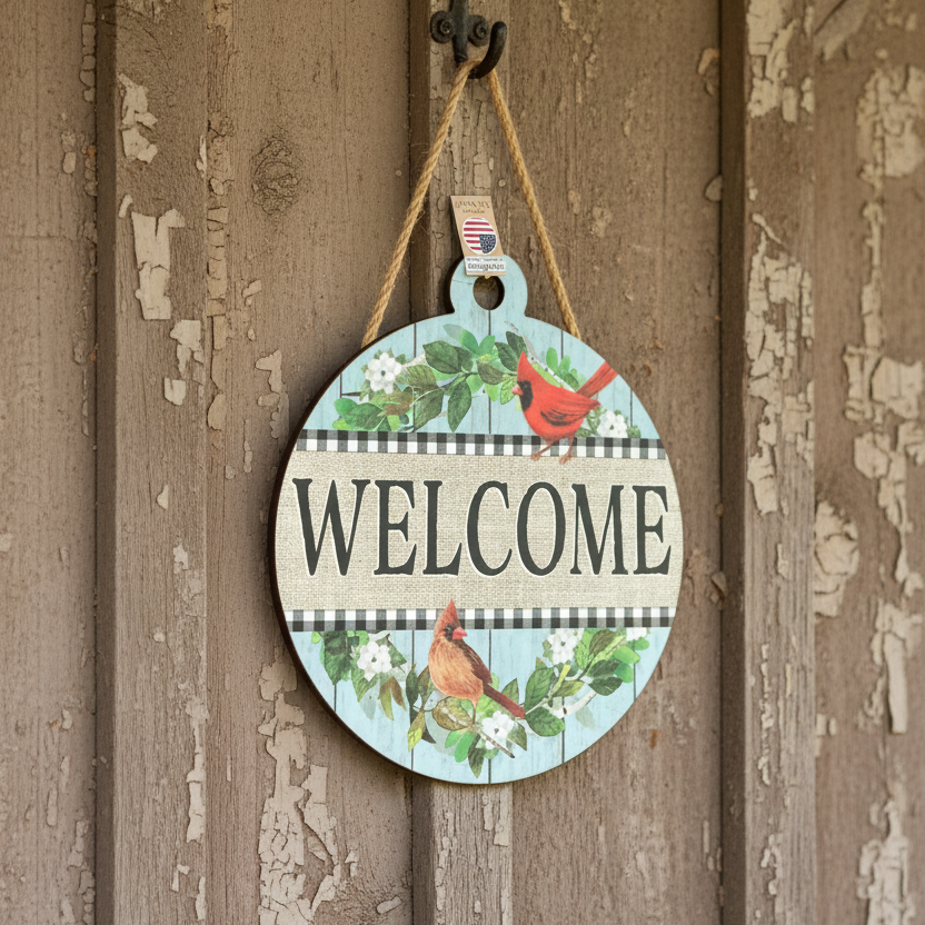 Round wooden sign with 'Welcome' text and cardinal birds hanging on a wooden door.