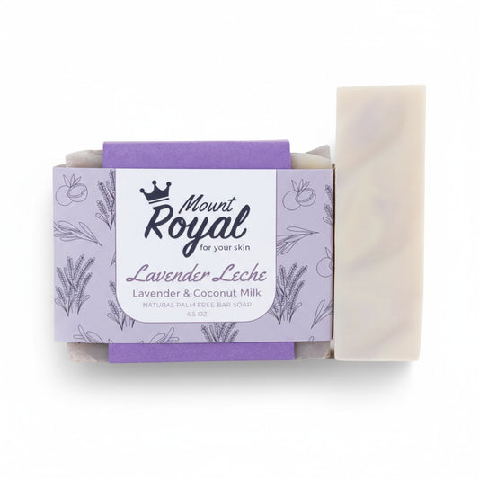 Lavender Leche Soap Bar by Mount Royal Soap Co., handcrafted artisanal bar with lavender and milk.