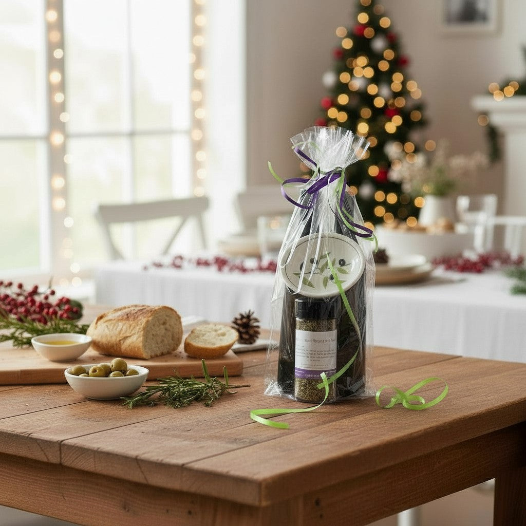 Gourmet gift bag on a wooden table with Christmas decorations in the background
