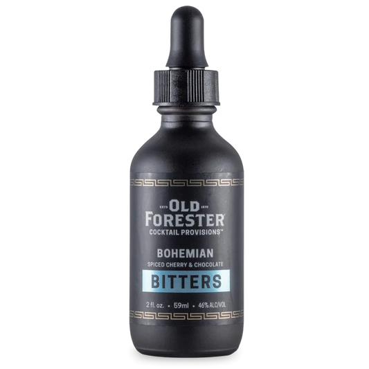 Black bottle of Old Forester Bohemian Bitters on a white background