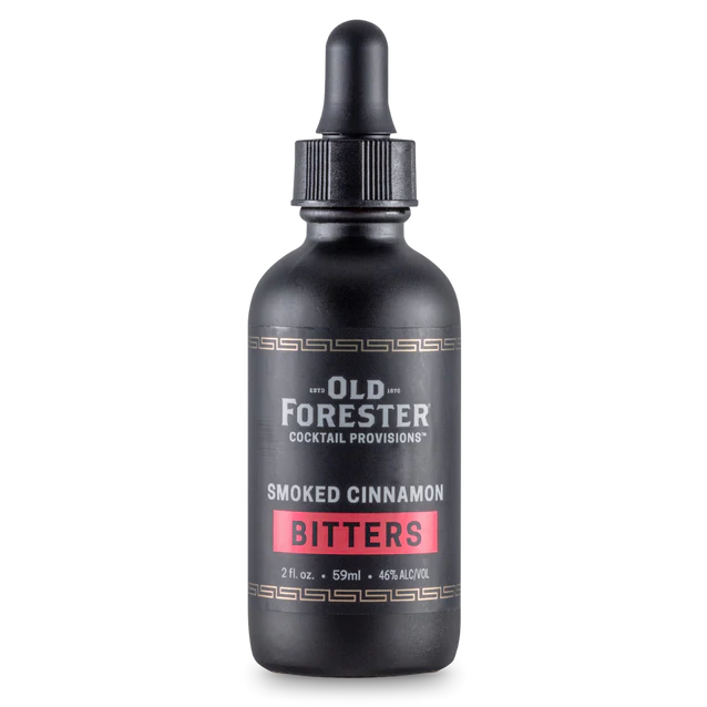 Black bottle of Old Forester Smoked Cinnamon Bitters on a white background
