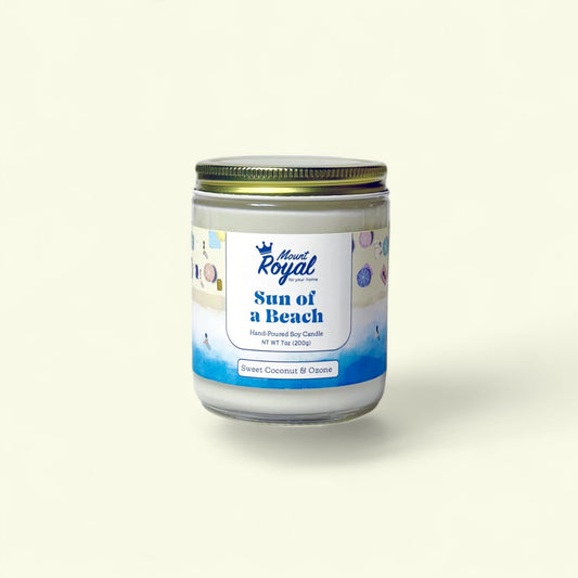 Sun of a Beach Candle by Mount Royal Candle Co. – citrus and sea breeze soy candle in glass jar, locally made in Baltimore.
