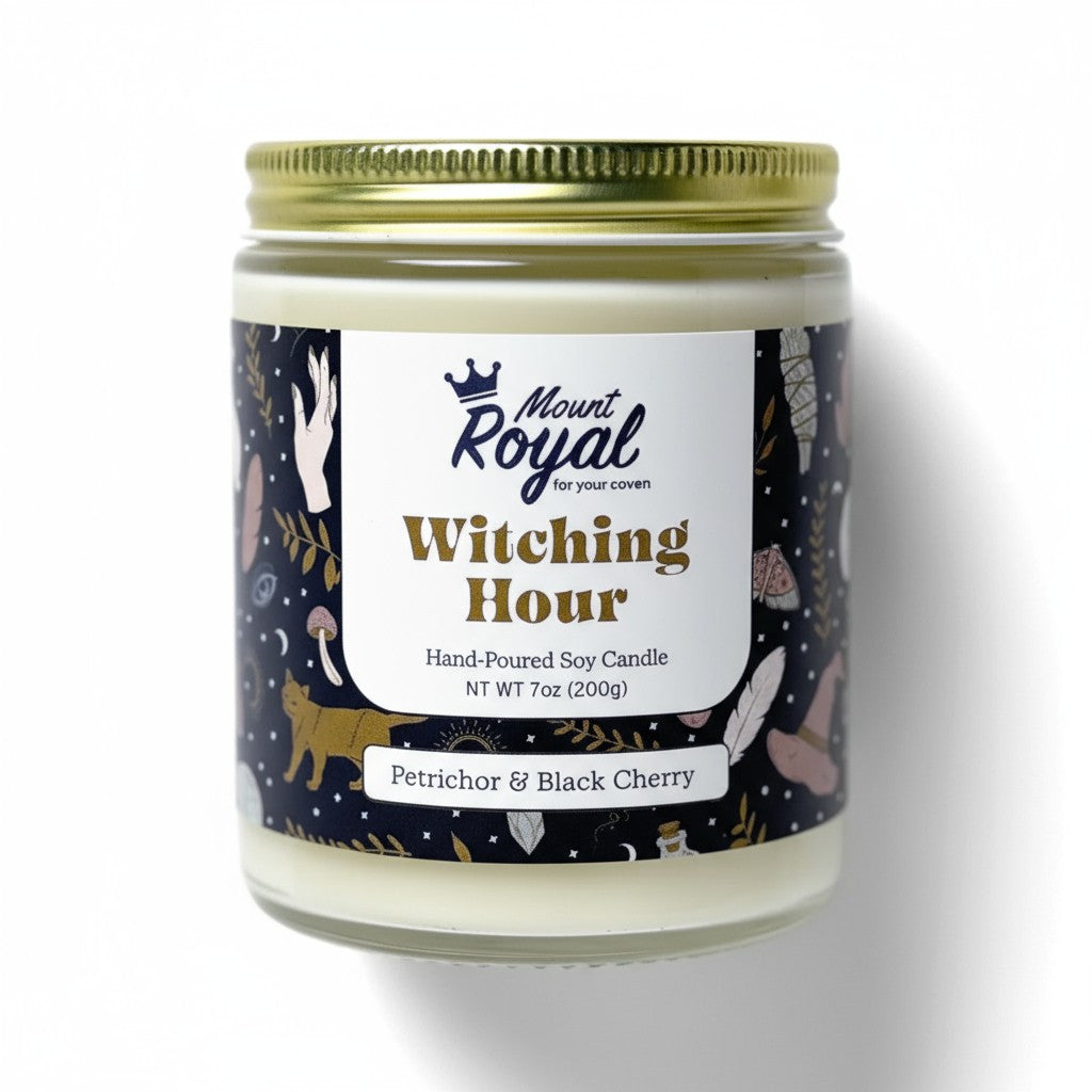 Witching Hour Candle by Mount Royal Soap Co., hand-poured soy candle with seasonal Halloween fragrance.
