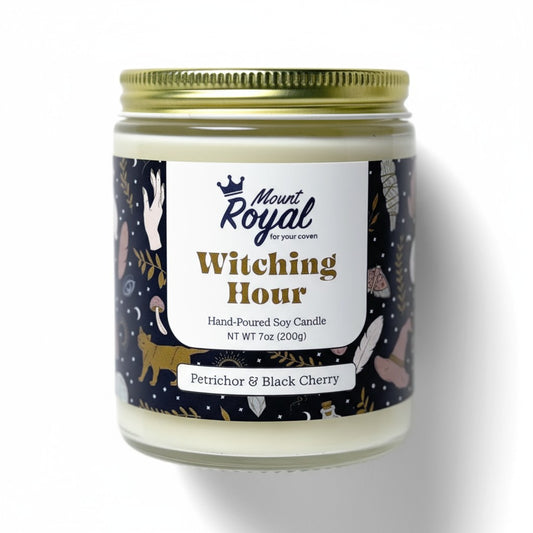 Witching Hour Candle by Mount Royal Soap Co., hand-poured soy candle with seasonal Halloween fragrance.