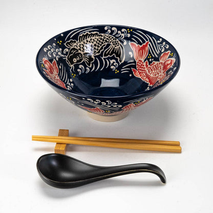 6" Bowl With Chopsticks, Spoon and Chopsticks Rest Set Koi Fish, 24oz