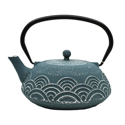 Blue Seigaiha Design 40oz Cast Iron Tea Pot