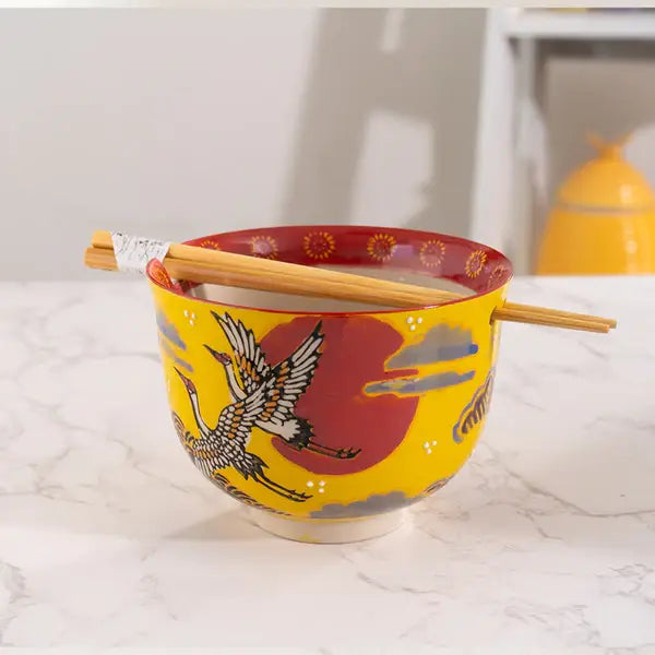 Japanese Crane Bowl With Chopsticks Set