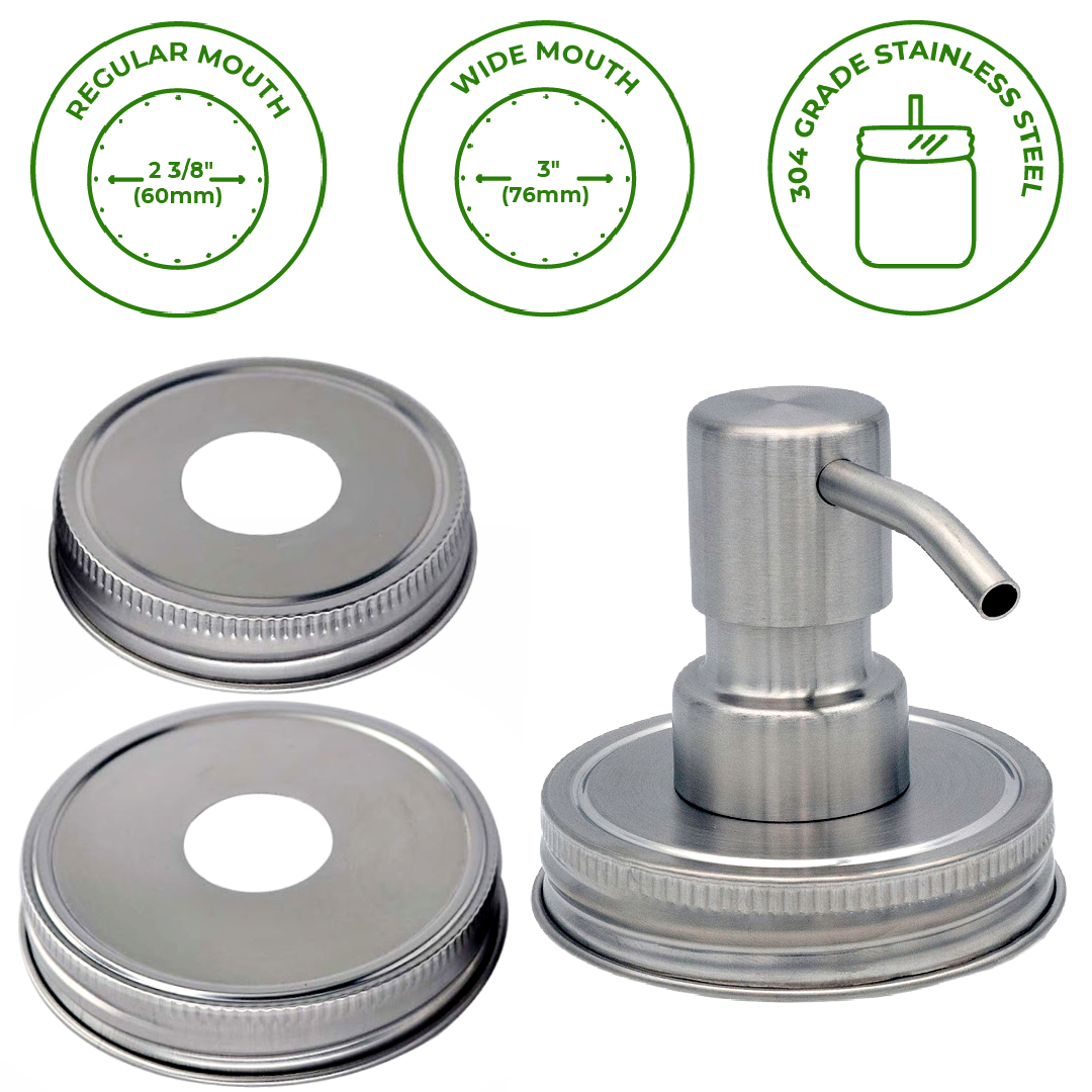 Mason Jar Lifestyle - Satin / Brushed Finish Soap Pump Dispensers for Mason Jars: Threaded galvanized / Wide mouth / #2