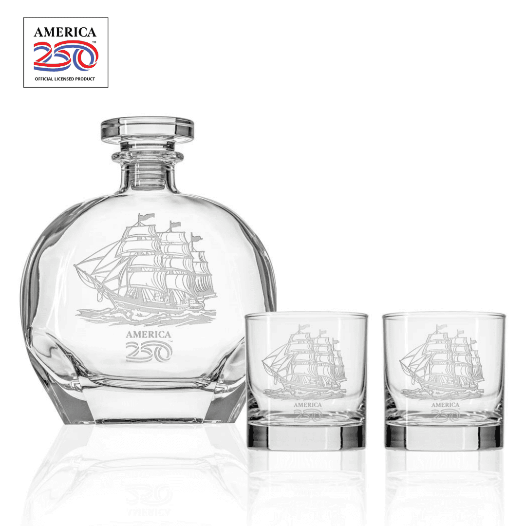 America250™ Tall Ship 3 Piece Gift Set | Whiskey Decanter and Rocks Glasses