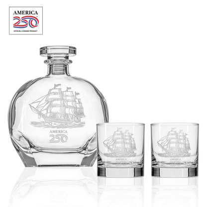 America250™ Tall Ship 3 Piece Gift Set | Whiskey Decanter and Rocks Glasses