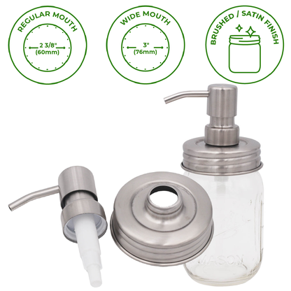 Mason Jar Lifestyle - Satin / Brushed Finish Soap Pump Dispensers for Mason Jars: Threaded galvanized / Wide mouth / #2