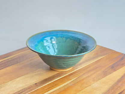 10" Ceramic Flared Rim Bowl With Fused Glass: Rain Garden