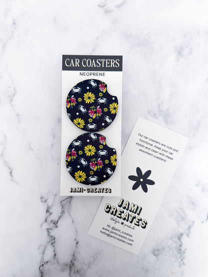 Jami Creates - Black Maryland Flower Crab Print Car Coasters